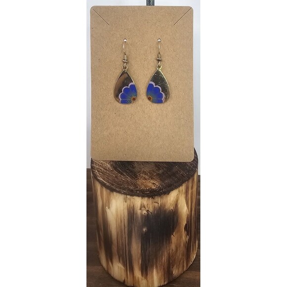 Vintage Laurel Burch Moon Flower Enamel Dangle Earrings Gold Tone Blue Purple - Picture 1 of 8